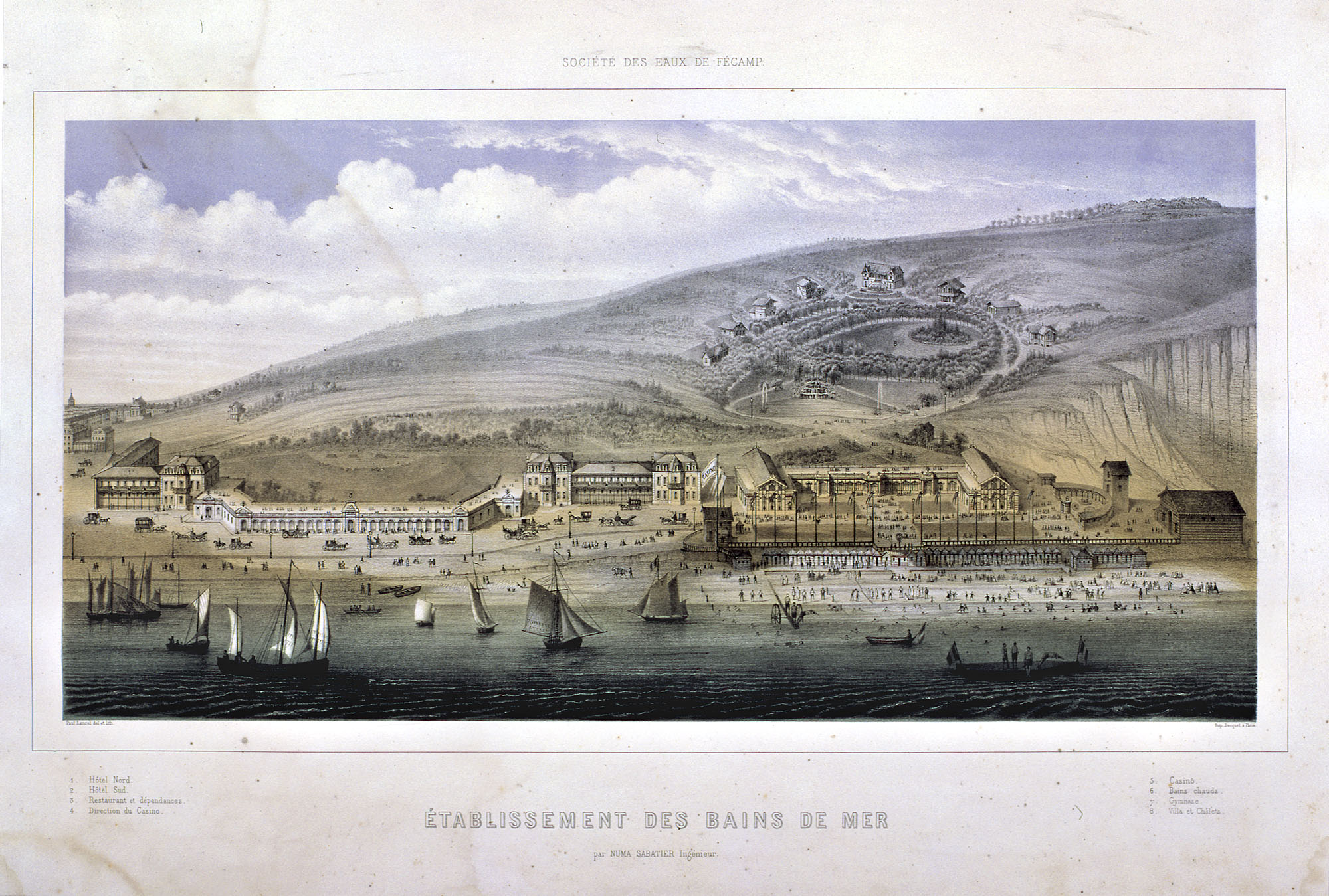 Lithographie, complexe balnéaire de Fécamp, vers 1865.