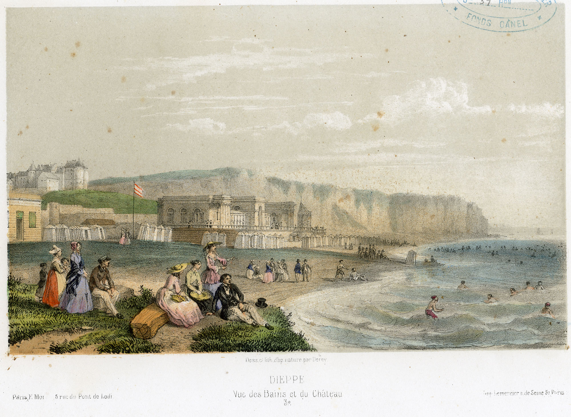 Lithographie des Bains Caroline à Dieppe. 