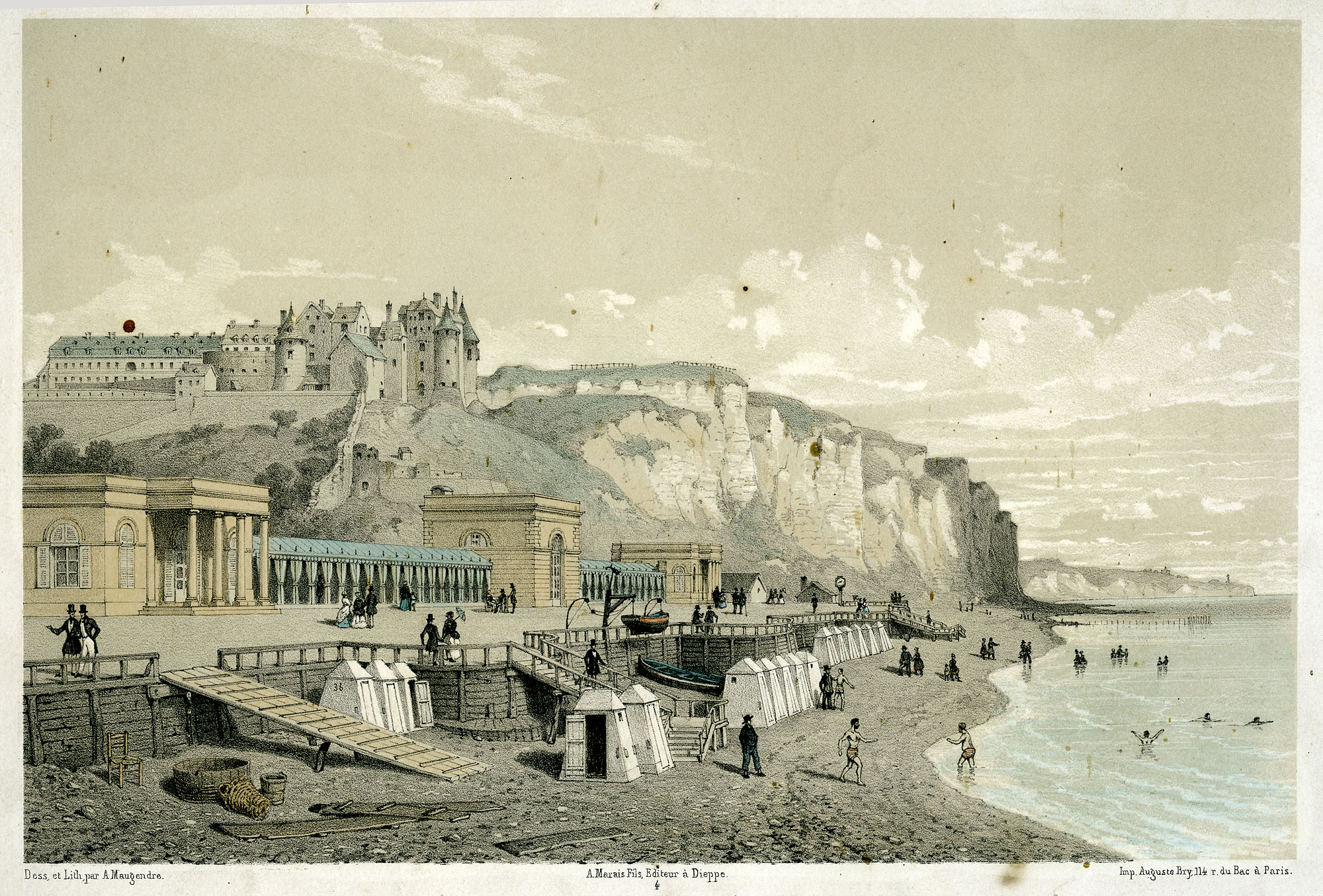 Lithographie vers 1855 des Bains Caroline à Dieppe.
