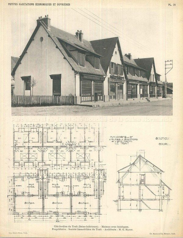 Photographie et plan d'une boutique de la cité-jardin du Trait