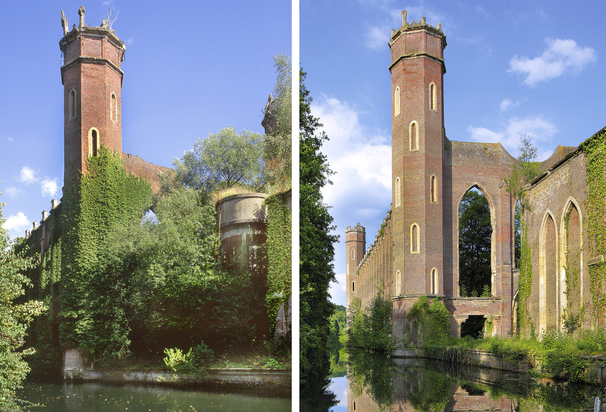 Photos avant/après arrachage de la végétation grimpante sur les murs et les tours. Filature Levavasseur.