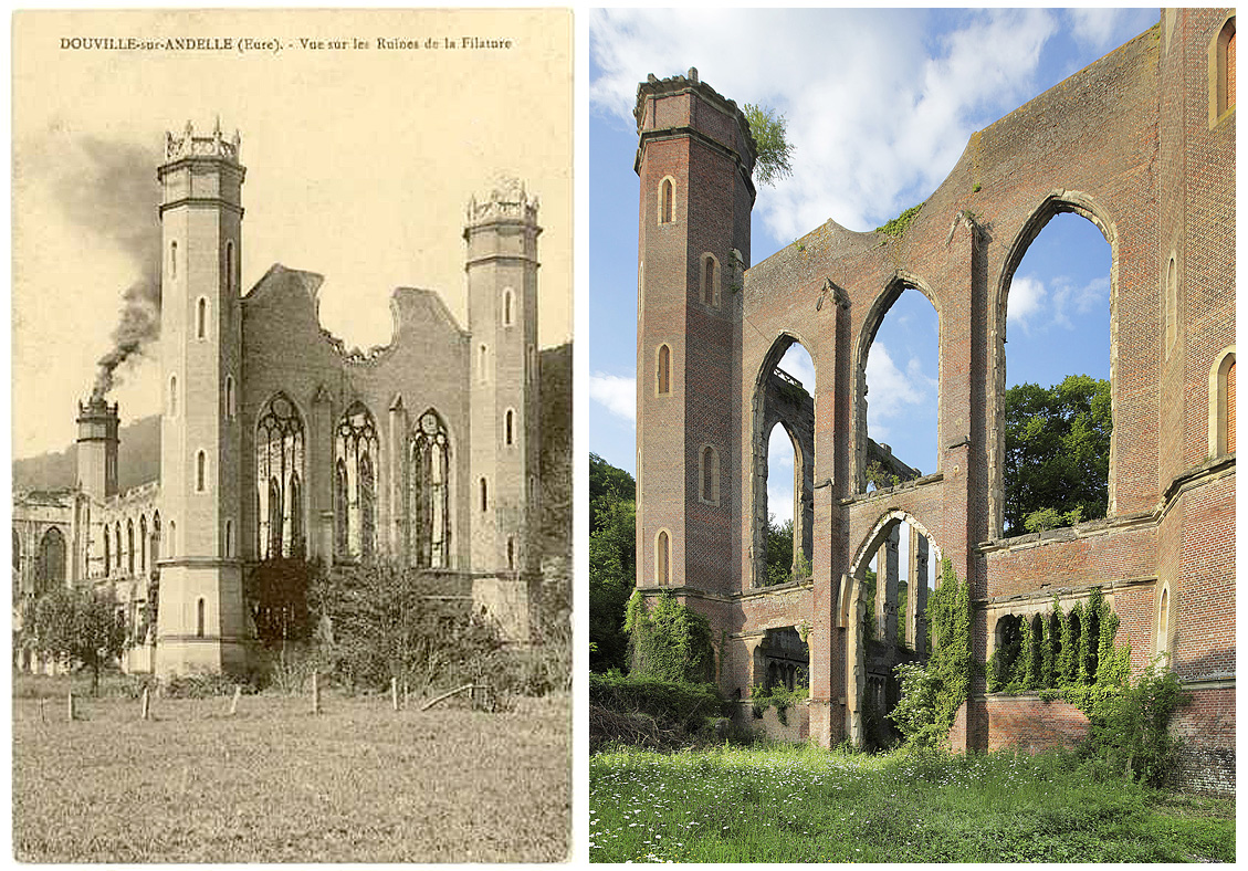 Dessin et photo de la tour nord-ouest de la filature Levavasseur servant de cheminée.