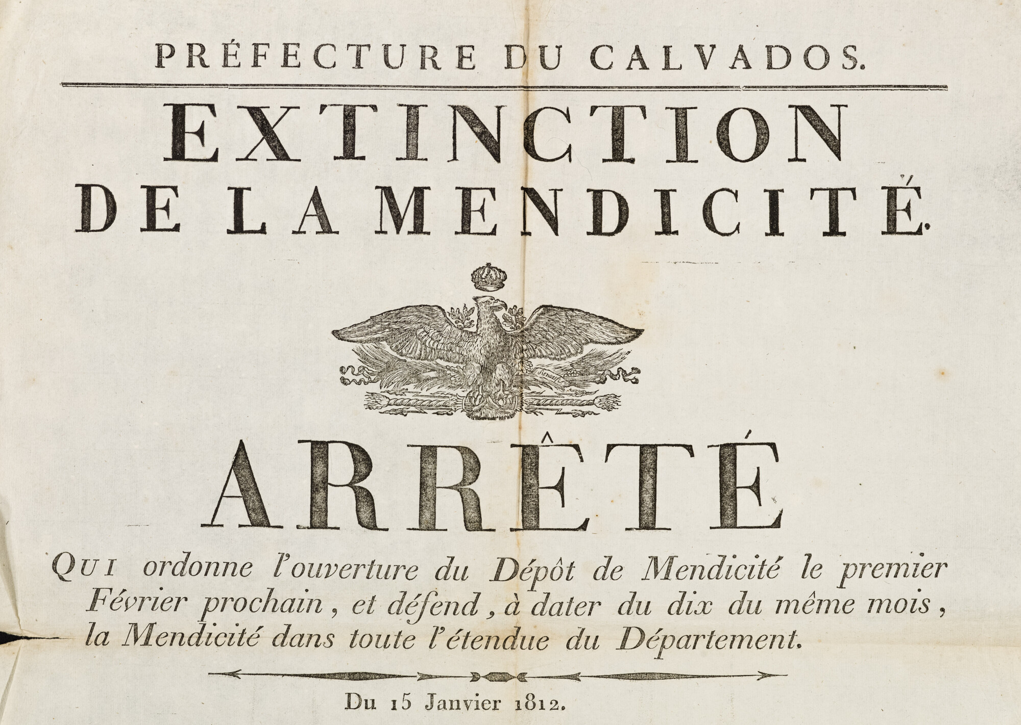 Détail de l'arrêté préfectoral ordonnant l’ouverture du dépôt de mendicité le 1er février, 15 janvier 1812.