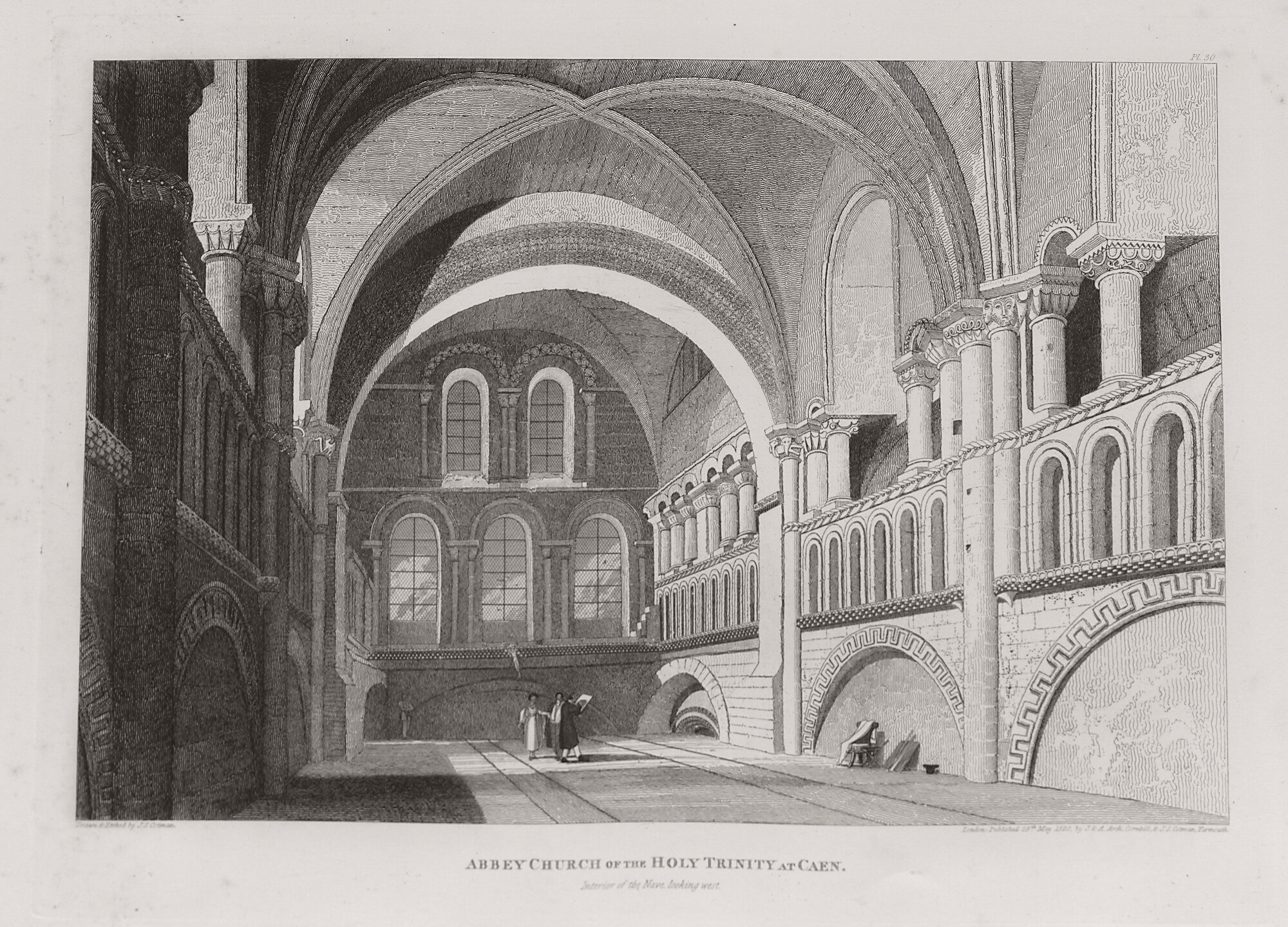Dessin de 1818 de John Sell Cotman, vue du vaisseau central entresolé, depuis le sud. 