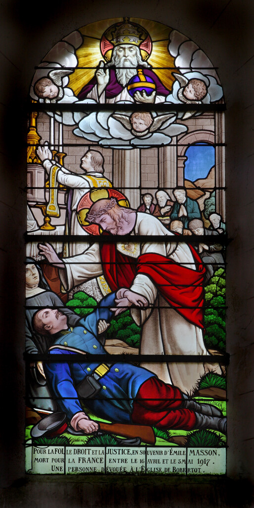 Vitrail à Robertot, Seine-Maritime atelier Veuve Boulanger (1918).