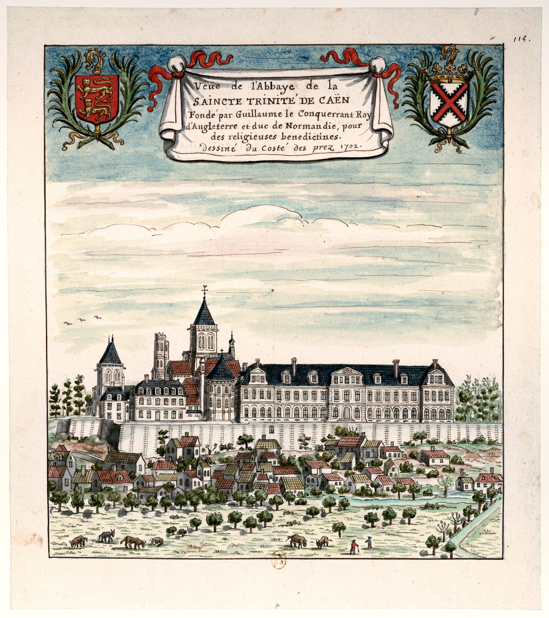 Dessin aquarellé de l'abbaye aux Dames 