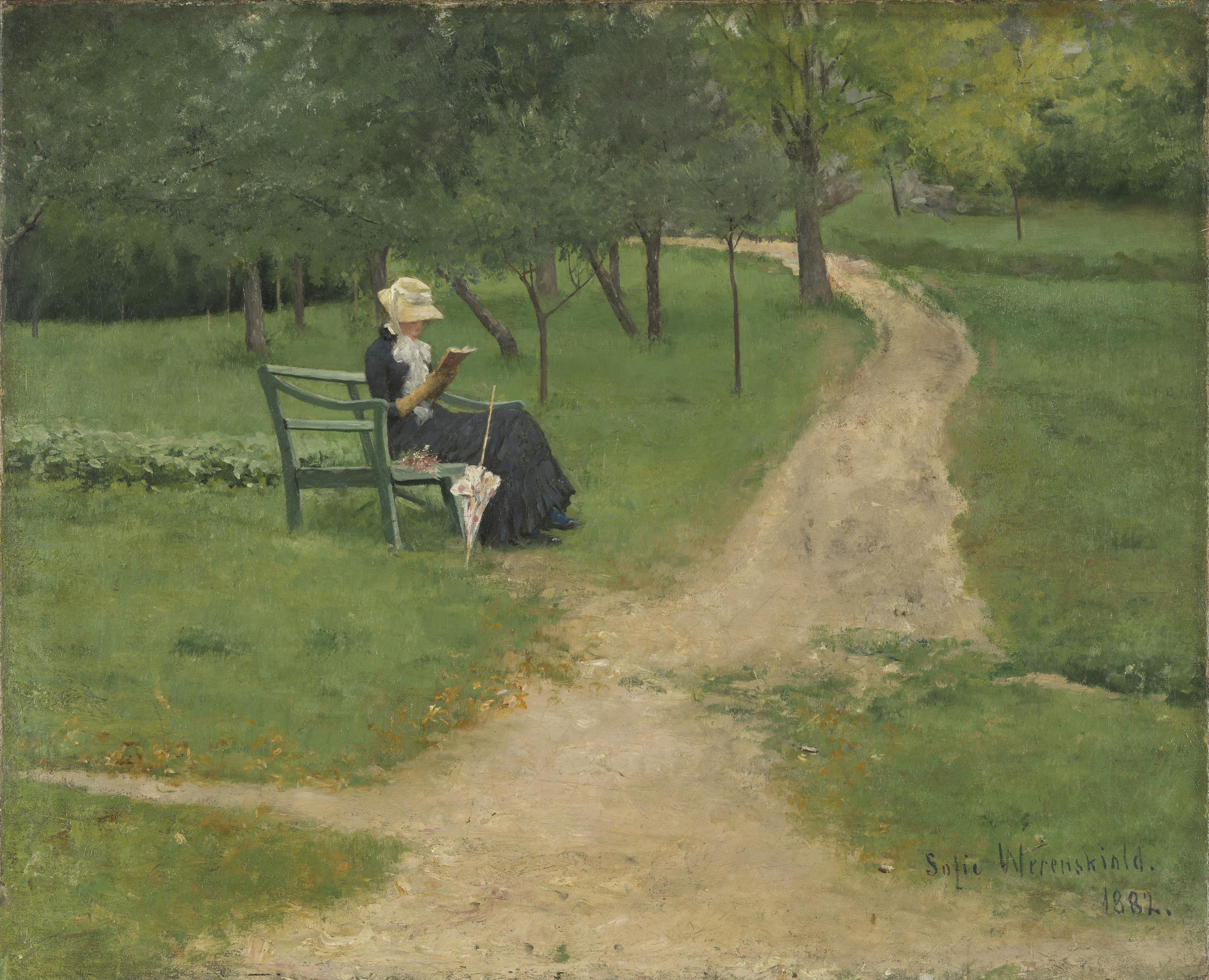 Sofie Werenskiold (1849-1926). Femme lisant dans un parc, vers 1881. Huile sur toile. Oslo, National Museum.