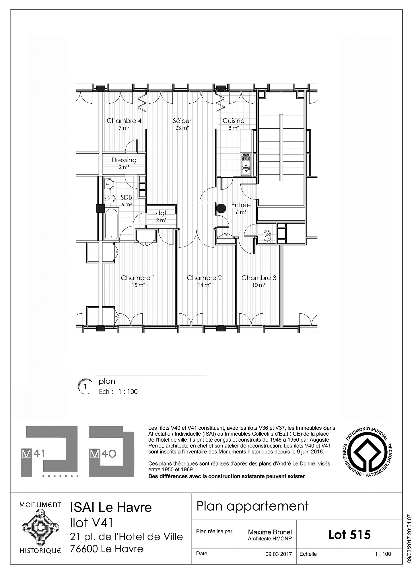 ISAI, îlot V41. Plan d’un appartement de cinq pièces au 3ème étage, par Maxime Brunel, 2017. Chambre 3 :  bureau, chambre 4 : salle à manger.