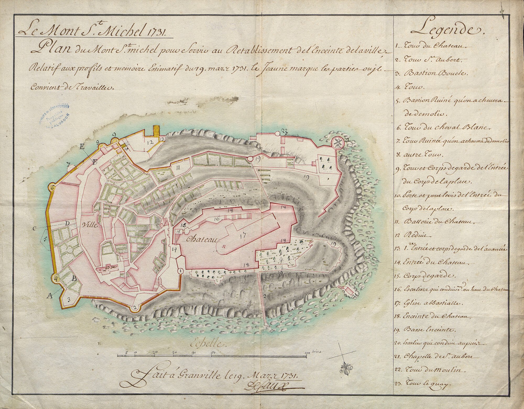 Plan du Mont St Michel pour servir au rétablissement de l’enceinte de la ville relatif aux profils et mémoire estimatif du 19 mars 1731. Encre et aquarelle sur papier, De Caux, 19 mars 1731 (Archives départementales du Calvados. C/467/1). Au tournant du XVIIIe siècle, Vauban, commissaire général des fortifications du royaume, alerte sur l’état préoccupant des remparts de l’agglomération. Il faut cependant attendre trois décennies pour que des travaux soient engagés sous la direction de Pierre de Caux, ingén
