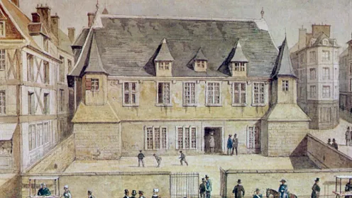 Le logis du Roy, gravure en couleur par Asselineau, exécutée après sa destruction en 1842,  d'après le dessin de Ochard de 1837 (Le Havre musées historiques).