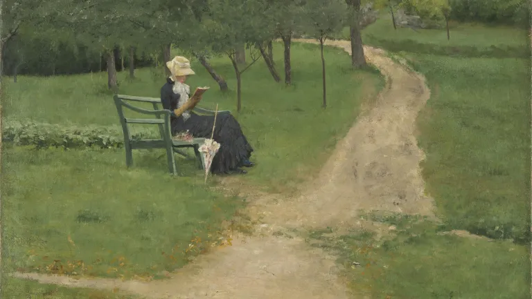 Sofie Werenskiold (1849-1926). Femme lisant dans un parc, vers 1881. Huile sur toile. Oslo, National Museum.