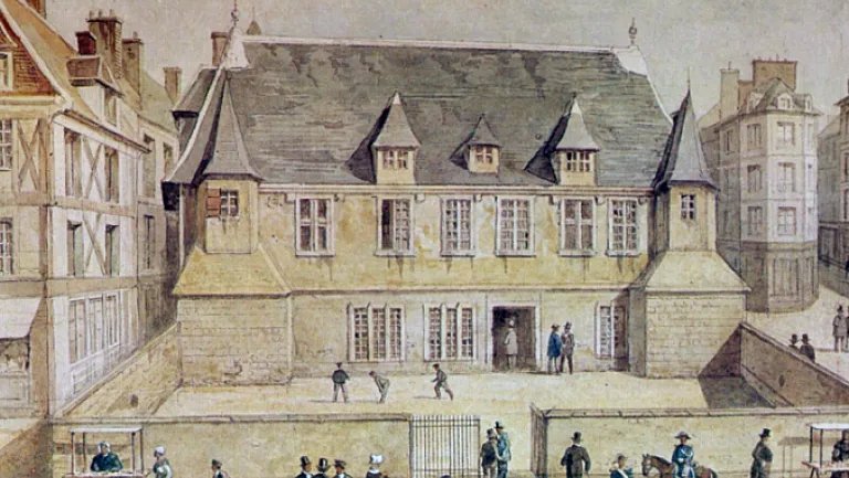 Le logis du Roy, gravure en couleur par Asselineau, exécutée après sa destruction en 1842,  d'après le dessin de Ochard de 1837 (Le Havre musées historiques).