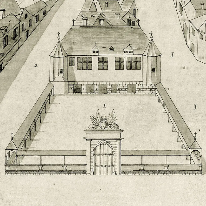 Le logis du Roy, dessin à la plume sur tissu, d'après une gravure de Pierre Aveline 