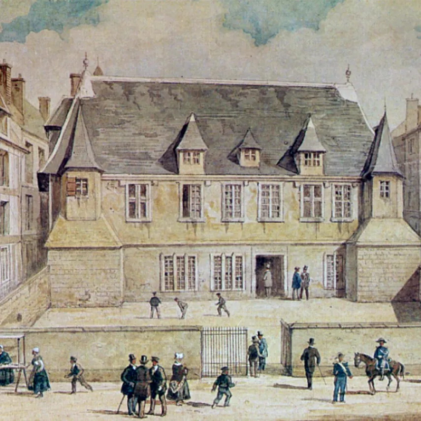 Le logis du Roy, gravure en couleur par Asselineau, exécutée après sa destruction en 1842,  d'après le dessin de Ochard de 1837 (Le Havre musées historiques).